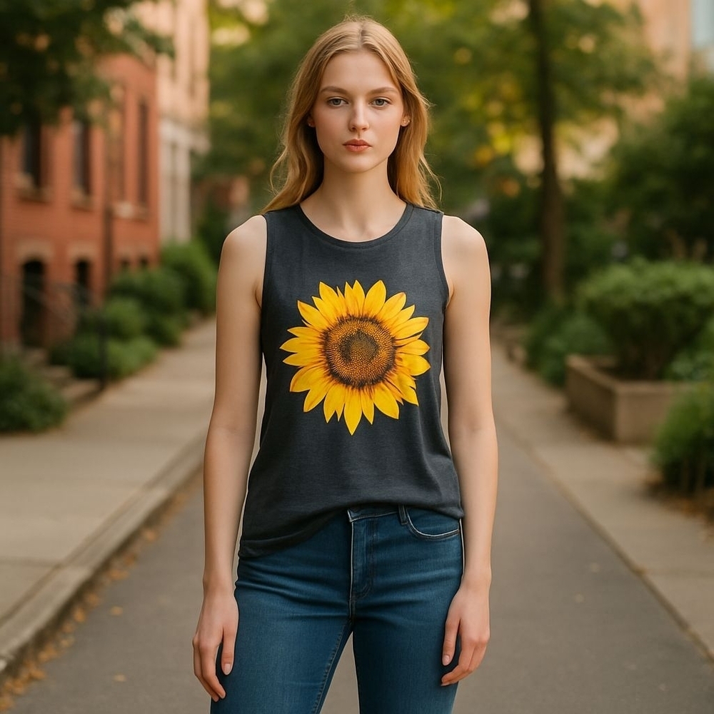 NWOT Sunflower Graphic Sleeveless Tank Top Y2K Shirts - Charcoal Grey